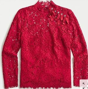 J. Crew mockneck floral lace top red size 0